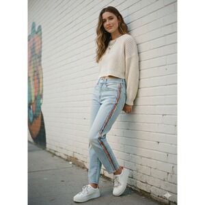 PILCRO Vintage Straight Leg Jeans Light Wash‎ Rainbow Crochet Side Stripe Sz 28